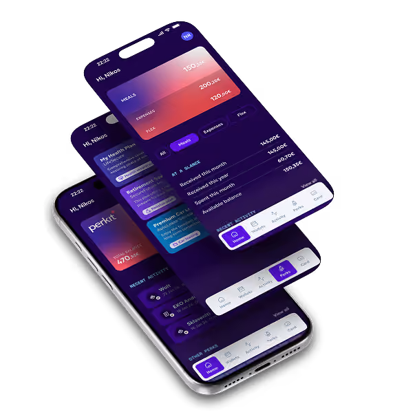 Τρεις οθόνες του app Perkit με πορτοφόλια, παροχές και αρχική