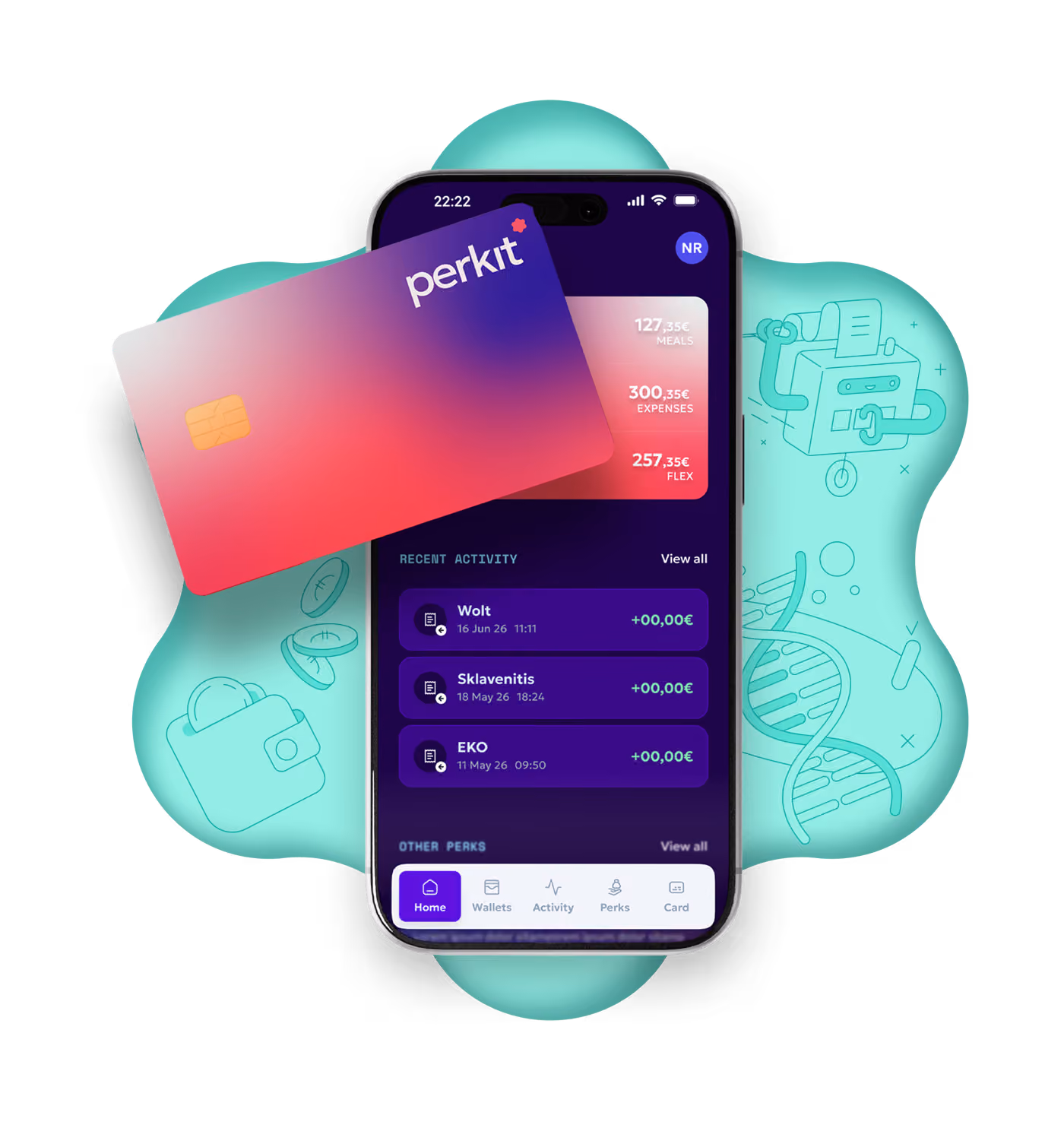 Κάρτα Perkit και app με τρία πορτοφόλια — γεύματα, έξοδα και ευέλικτες παροχές